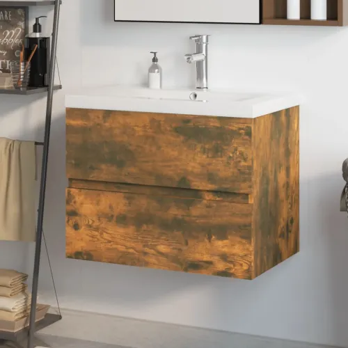 Ormarić s ugrađenim Lavabo - Umivaonikom boja dimljenog hrasta drveni - Dimljeni hrast 60 x 38.5 x 45 cm sa slavinom i odvodom Cijena