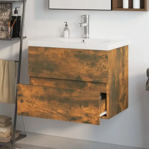 Ormarić s ugrađenim Lavabo - Umivaonikom boja dimljenog hrasta drveni - Dimljeni hrast 60 x 38.5 x 45 cm sa slavinom i odvodom Cijena