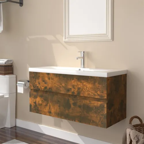 Ormarić s ugrađenim Lavabo - Umivaonikom boja dimljenog hrasta drveni - Dimljeni hrast 90 x 38.5 x 45 cm 1 bez slavine i odvoda Cijena