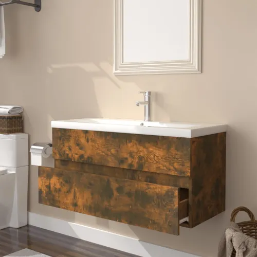 Ormarić s ugrađenim Lavabo - Umivaonikom boja dimljenog hrasta drveni - Dimljeni hrast 90 x 38.5 x 45 cm bez slavine i odvoda Cijena