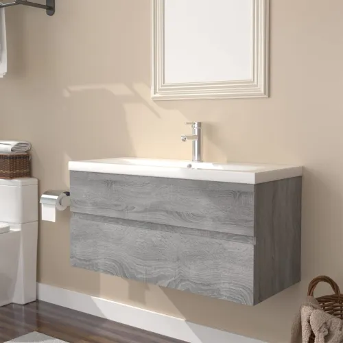 Ormarić s ugrađenim Lavabo - Umivaonikom boja sivog hrasta sonome drveni - Sivi hrast sonoma 90 x 38.5 x 45 cm bez slavine i odv Cijena