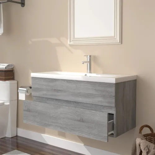 Ormarić s ugrađenim Lavabo - Umivaonikom boja sivog hrasta sonome drveni - Sivi hrast sonoma 90 x 38.5 x 45 cm bez slavine i odv Cijena