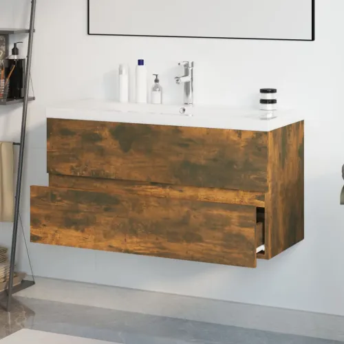 Ormarić s ugrađenim Lavabo - Umivaonikom boja dimljenog hrasta drveni - Dimljeni hrast 90 x 38.5 x 45 cm sa slavinom i odvodom Cijena