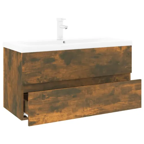 Ormarić s ugrađenim Lavabo - Umivaonikom boja dimljenog hrasta drveni - Dimljeni hrast 90 x 38.5 x 45 cm sa slavinom i odvodom Cijena