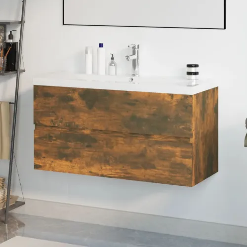 Ormarić s ugrađenim Lavabo - Umivaonikom boja dimljenog hrasta drveni - Dimljeni hrast 90 x 38.5 x 45 cm 1 sa slavinom i odvodom Cijena