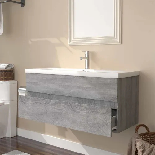 Ormarić s ugrađenim Lavabo - Umivaonikom boja sivog hrasta sonome drveni - Sivi hrast sonoma 100 x 38.5 x 45 cm bez slavine i od Cijena
