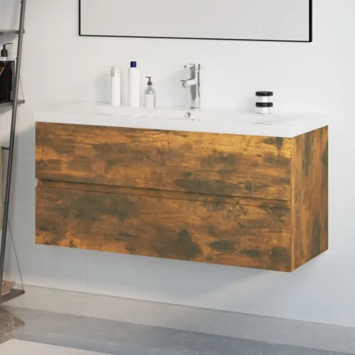 Ormarić s ugrađenim Lavabo - Umivaonikom boja dimljenog hrasta drveni - Dimljeni hrast 100 x 38.5 x 45 cm sa slavinom i odvodom Cijena