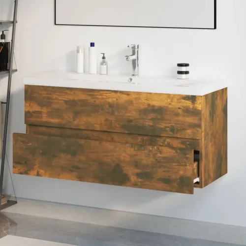 Ormarić s ugrađenim Lavabo - Umivaonikom boja dimljenog hrasta drveni - Dimljeni hrast 100 x 38.5 x 45 cm sa slavinom i odvodom Cijena