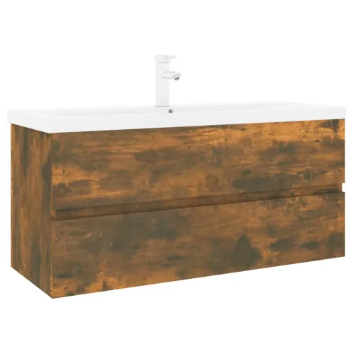 Ormarić s ugrađenim Lavabo - Umivaonikom boja dimljenog hrasta drveni - Dimljeni hrast 100 x 38.5 x 45 cm sa slavinom i odvodom Cijena