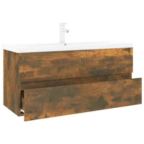 Ormarić s ugrađenim Lavabo - Umivaonikom boja dimljenog hrasta drveni - Dimljeni hrast 100 x 38.5 x 45 cm sa slavinom i odvodom Cijena