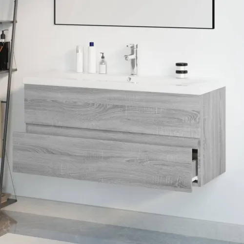 Ormarić s ugrađenim Lavabo - Umivaonikom boja sivog hrasta sonome drveni - Sivi hrast sonoma 100 x 38.5 x 45 cm sa slavinom i od Cijena