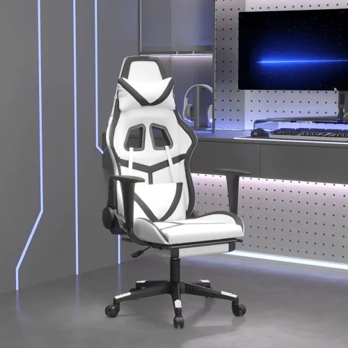 Masažna Gaming stolica s osloncem bijelo-crna od umjetne kože - Bijela i crna Sa naslonom za noge Cijena