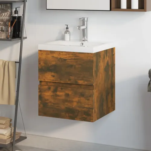 Ormarić s ugrađenim Lavabo - Umivaonikom boja dimljenog hrasta drveni - Dimljeni hrast 41 x 38.5 x 45 cm sa slavinom i odvodom Cijena