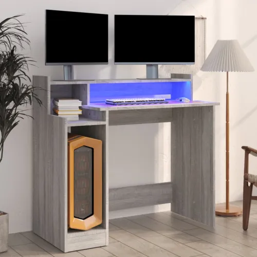 Radni stol s LED svjetlima siva boja hrasta 97x45x90 cm drveni - Sivi hrast sonoma Cijena