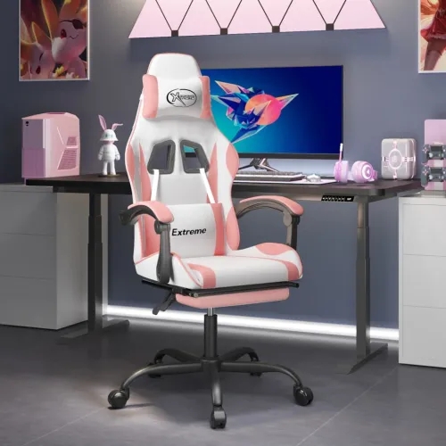 Gaming stolica s osloncem za noge bijelo-ružičasta umjetna koža - Bijela i ružičasta Sa naslonom za noge Cijena