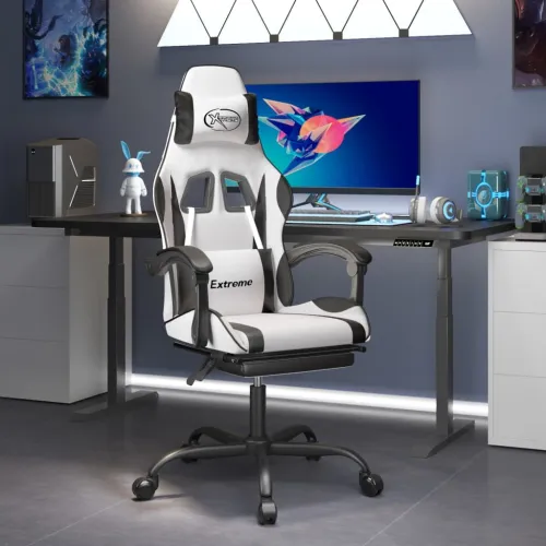 Okretna Gaming stolica s osloncem bijelo-crna od umjetne kože - Bijela i crna Sa naslonom za noge Cijena