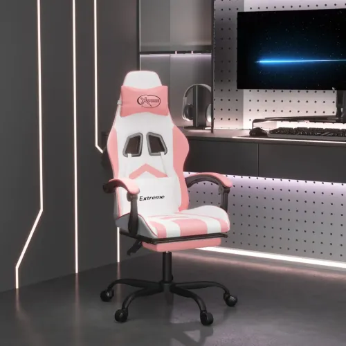 Okretna Gaming stolica s osloncem umjetna koža bijelo-ružičasta - Bijela i ružičasta Sa naslonom za noge Cijena