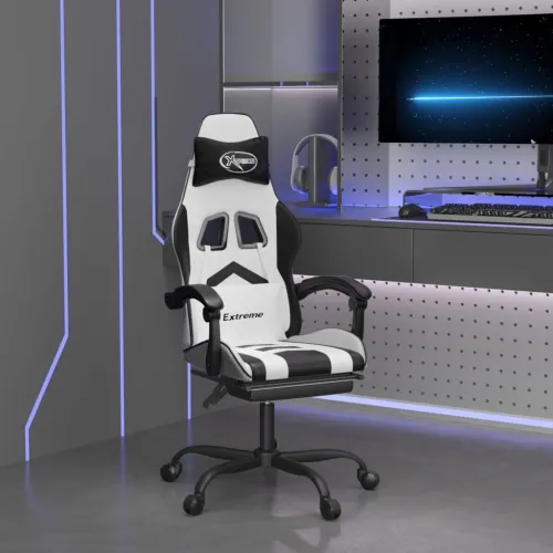 Okretna Gaming stolica s osloncem bijelo-crna od umjetne kože - Bijela i crna Sa naslonom za noge Cijena