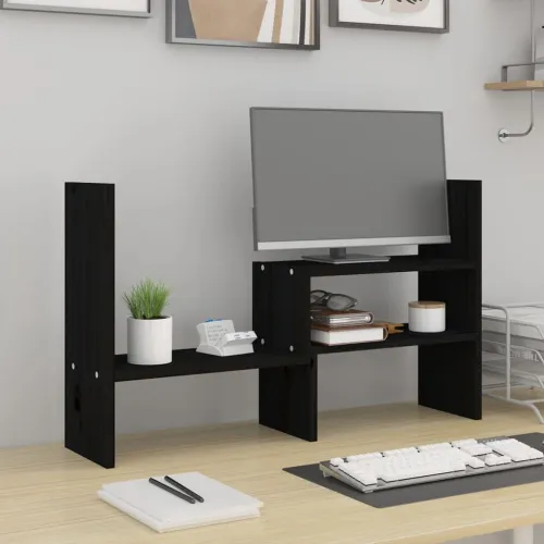 Stalak za monitor crni (39 - 72) x 17 x 43 cm masivna borovina - Crna Crna Cijena