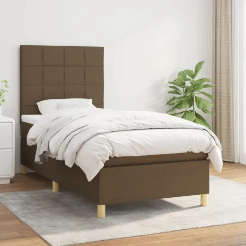 Boxspring - Krevet s oprugama i madracem tamnosmeđi 90 x 190 cm od tkanine - Tamno smeđa 90 x 190 cm Blok s kvadratima Tamno sme Cijena