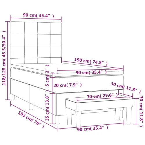 Boxspring - Krevet s oprugama i madracem tamnosmeđi 90 x 190 cm od tkanine - Tamno smeđa 90 x 190 cm Blok s kvadratima Tamno sme Cijena