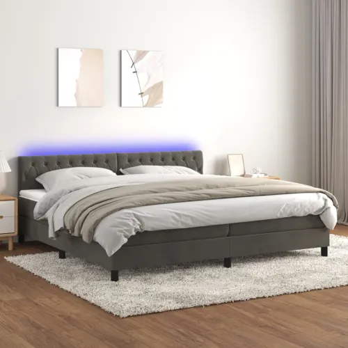 Krevet box spring s madracem LED tamnosivi 200x200 cm baršun - Tamno siva 200 x 200 cm Dizajn s gumbima Cijena