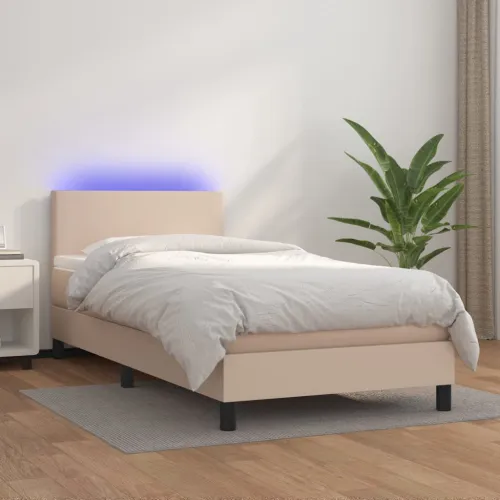 Krevet box spring madrac LED cappuccino 90x200cm umjetna koža - Boja cappuccina 90 x 200 cm Gladak dizajn Boja cappuccina Cijena