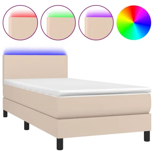 Krevet box spring madrac LED cappuccino 90x200cm umjetna koža - Boja cappuccina 90 x 200 cm Gladak dizajn Boja cappuccina Cijena