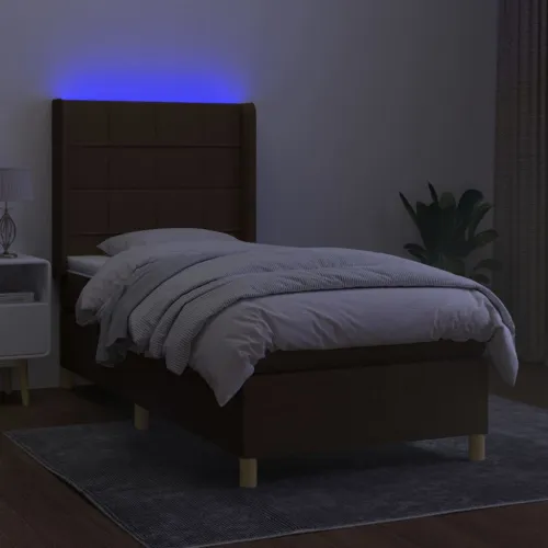 Krevet box spring s madracem LED tamnosmeđi 90x190 cm tkanina - Tamno smeđa 90 x 190 cm Blok s kvadratima Tamno smeđa Cijena