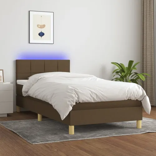 Krevet box spring s madracem LED tamnosmeđi 90x200 cm tkanina - Tamno smeđa 90 x 200 cm Blok s kvadratima Tamno smeđa Cijena