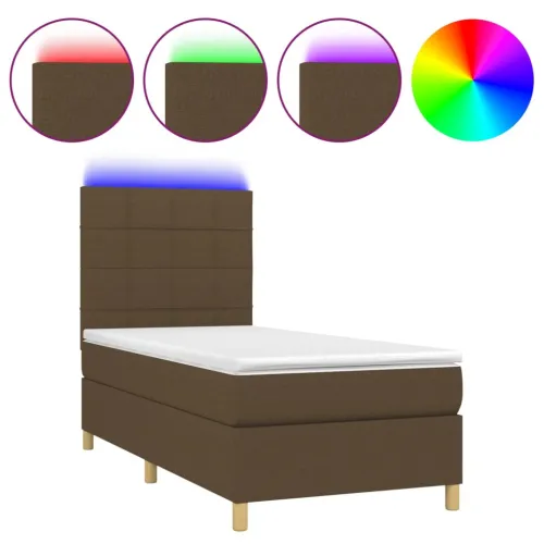 Krevet box spring s madracem LED tamnosmeđi 90x190 cm tkanina - Tamno smeđa 90 x 190 cm Blok s kvadratima Tamno smeđa Cijena