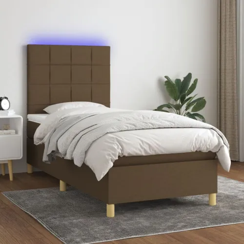 Krevet box spring s madracem LED tamnosmeđi 90x190 cm tkanina - Tamno smeđa 90 x 190 cm Blok s kvadratima Tamno smeđa Cijena