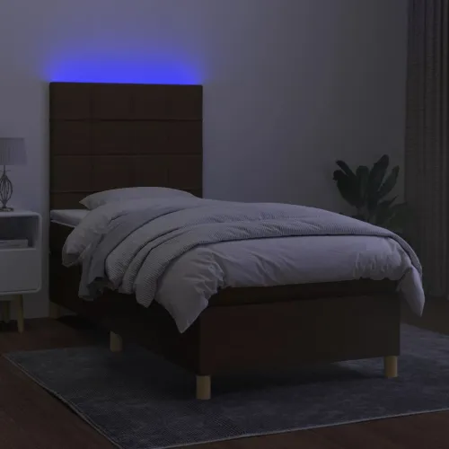 Krevet box spring s madracem LED tamnosmeđi 90x190 cm tkanina - Tamno smeđa 90 x 190 cm Blok s kvadratima Tamno smeđa Cijena