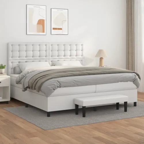 Boxspring - Krevet s oprugama i madracem bijeli 200x200 cm umjetna koža - Bijela 200 x 200 cm gumbi Cijena