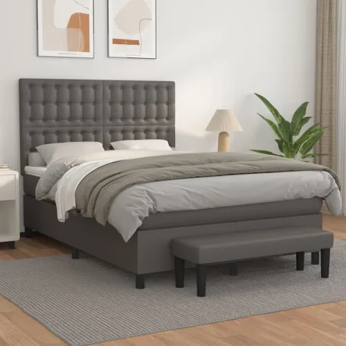 Boxspring - Krevet s oprugama i madracem sivi 140x190 cm od umjetne kože - Siva 140 x 190 cm gumbi Cijena