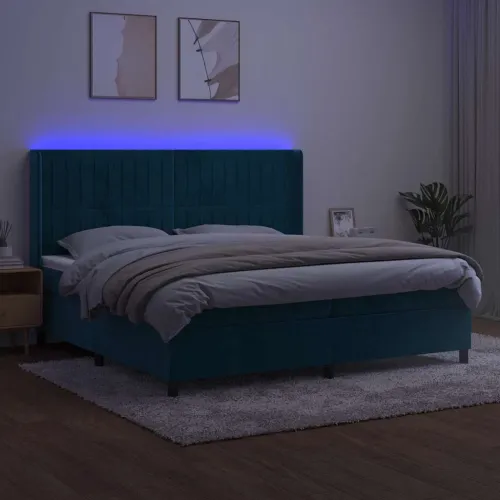 Krevet box spring s madracem LED tamnoplavi 200x200 cm baršun - Tamno plava 200 x 200 cm Okomite pruge Tamno plava Cijena