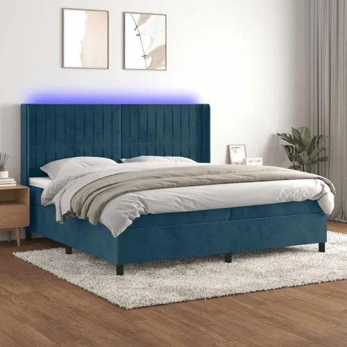 Krevet box spring s madracem LED tamnoplavi 200x200 cm baršun - Tamno plava 200 x 200 cm Okomite pruge Tamno plava Cijena