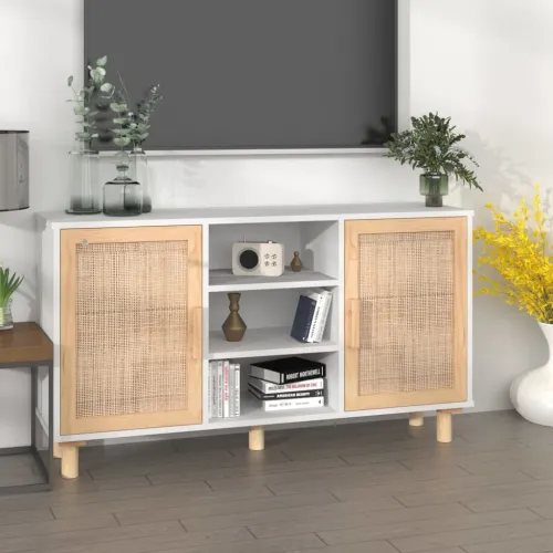 Komoda bijela 105x30x60 cm masivna borovina i prirodni ratan - Bijela 1 Bijela Cijena