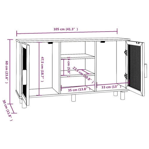 Komoda bijela 105x30x60 cm masivna borovina i prirodni ratan - Bijela 1 Bijela Cijena