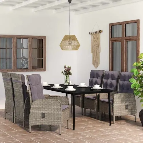 Vrtna garnitura - 7-dijelni vrtni blagovaonski set s jastucima sivo-crni - Siva i crna Dužina stola 200 cm 6 Cijena