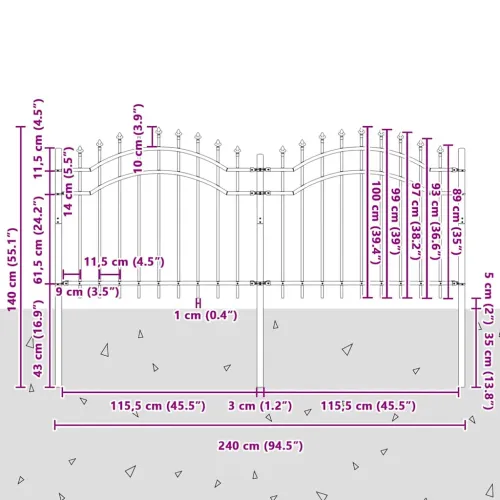 Vrtna ograda Woerden s vrhom koplja crna 240x100 cm čelična - 140 cm Crna Cijena
