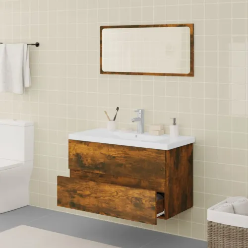 Set kupaonskog namještaja boja hrasta konstruirano drvo - Dimljeni hrast 80 x 39.5 x 45 cm sa slavinom Cijena