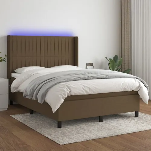 Krevet box spring s madracem LED tamnosmeđi 140x200 cm tkanina - Tamno smeđa 140 x 200 cm Okomite pruge Tamno smeđa Cijena