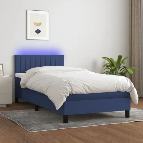 Krevet box spring s madracem LED plavi 90x200 cm od tkanine - Plava 90 x 200 cm Okomite pruge Plava Cijena