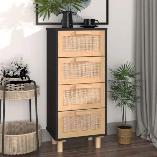 Komoda crna 40x30x90 cm masivna borovina i prirodni ratan - Crna 1 Cijena
