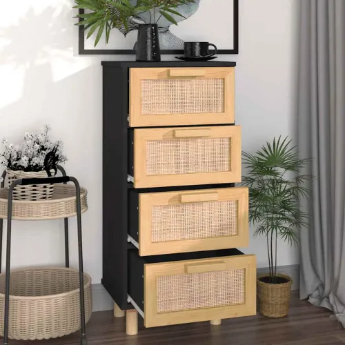 Komoda crna 40x30x90 cm masivna borovina i prirodni ratan - Crna 1 Cijena