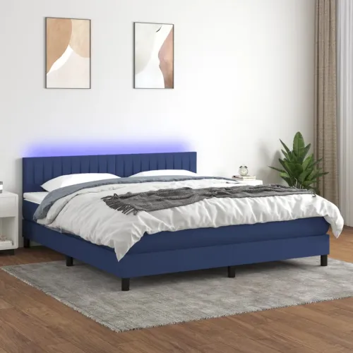 Krevet box spring s madracem LED plavi 160x200 cm od tkanine - Plava 160 x 200 cm Okomite pruge Cijena