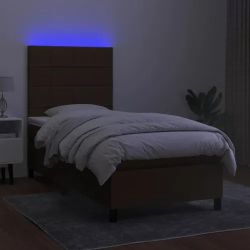 Krevet box spring s madracem LED tamnosmeđi 90x190 cm tkanina - Tamno smeđa 90 x 190 cm Blok s kvadratima Tamno smeđa Cijena