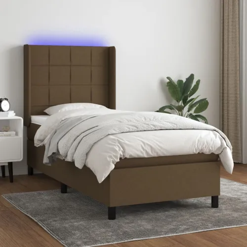 Krevet box spring s madracem LED tamnosmeđi 90x190 cm tkanina - Tamno smeđa 90 x 190 cm Blok s kvadratima Tamno smeđa Cijena