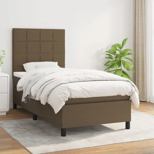 Boxspring - Krevet s oprugama i madracem tamnosmeđi 90 x 190 cm od tkanine - Tamno smeđa 90 x 190 cm Blok s kvadratima Tamno sme Cijena